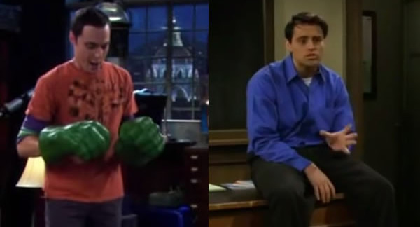 Fotos de Sheldon, personagem de TBBT, e Joey, personagem de Friends.